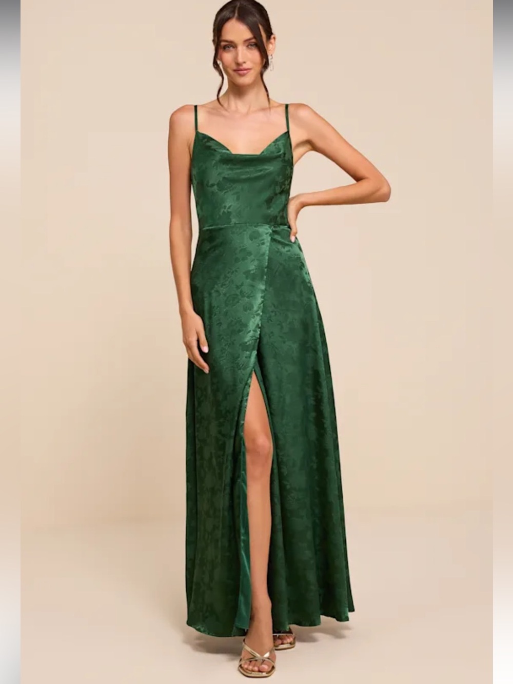 NWT lulus Simply Dreamy Emerald Green Satin Floral Jacquard Maxi Dress SIZE S